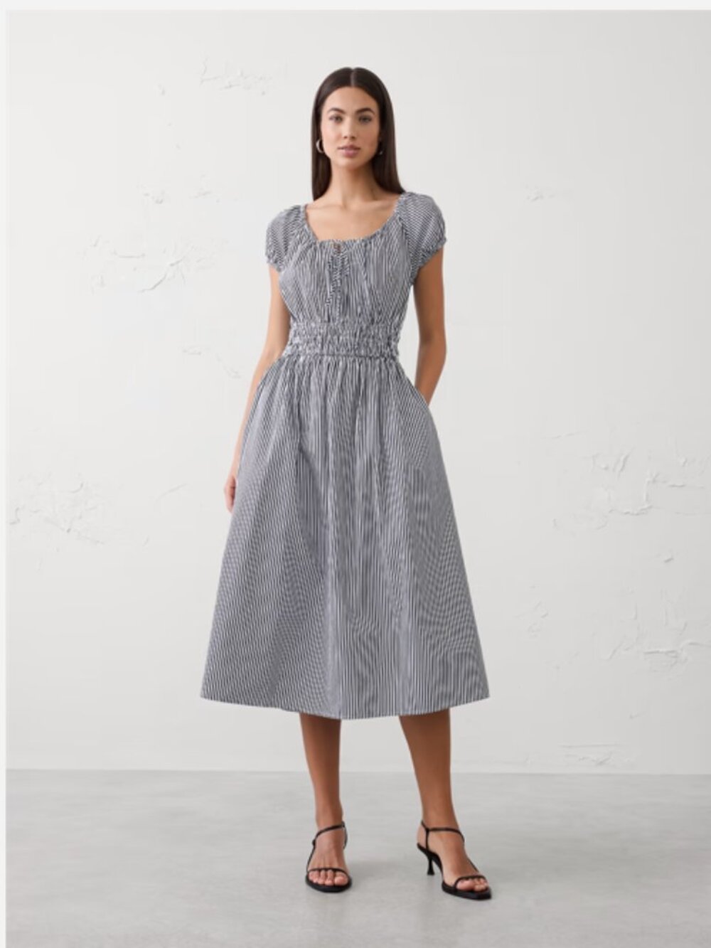 NWT Poplin Gathered-Neck Midi Dress
